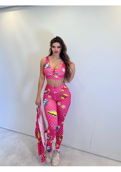 Pink Life Pembe Desenli Taytlı Büstiyerli Üçlü Takım Pembe