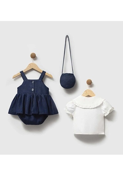 Ministok Cherry Nakış İşlemeli Gömlekli Çanta Aksesuarlı Kız Bebek Romper Lacivert