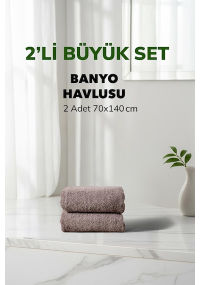 2 Li Kareli Gri Renk Yumuşak Pamuk Banyo Havlu Seti 70x140 Cm