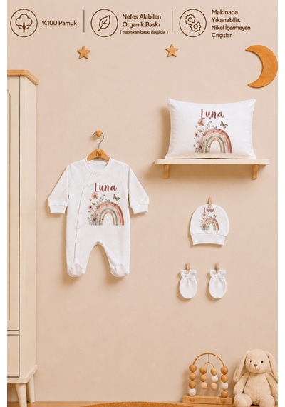 Pia Baby İsme Özel %100 Pamuk Kız Bebek Yastık Battaniyeli Tulum Set Kese Hediyeli 1080tybkyx Krem