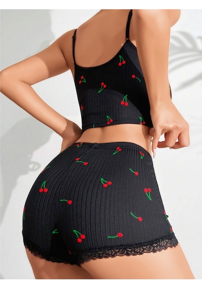 Jhena Kadın Kaliteli Penye Pijama, Kadın Seksi Ev Giyim, Kadın Şort Atlet Gecelik Siyah - Kırmızı