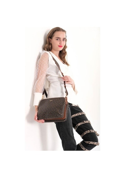 Kadın Monogram Baskılı Just & Polo 5 Bölmeli Omuz Çantası Kahverengi 07492348