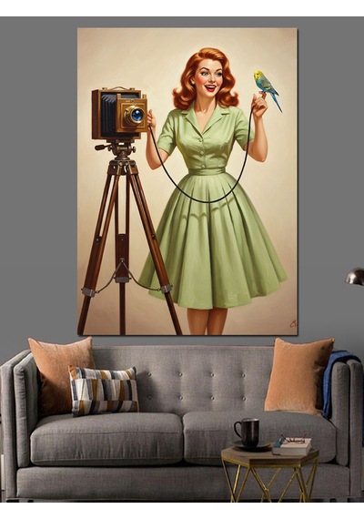 Fotoğrafçı Kadın Retro Kıyafet Dekoratif Kanvas - Mdf Ahşap Tablo