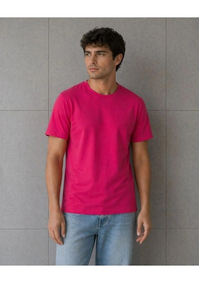 Freedom Storee Erkek Basic Pamuklu Tişört Bisiklet Yaka Düz Renk Regular Fit T-shirt - Fuşya Çok Renkli