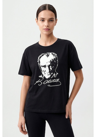 Tommy Life Siyah Ay Yıldız Baskılı Unisex T-shirt - 88510