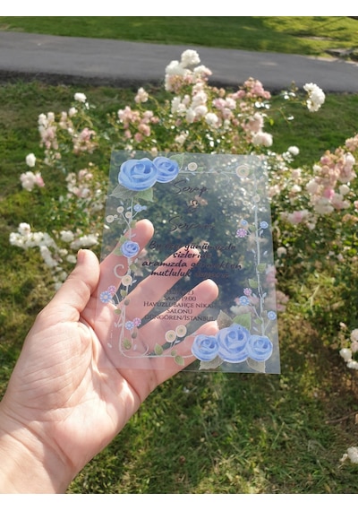 Mavi Gül Desenli Şeffaf Pvc Davetiye 10 Adet