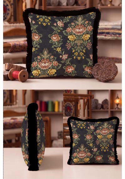 Vintage Çiçek Şato Zarafeti Saçaklı Yastık Kılıfı-goblen Floral Retro Hardal Püsküllü Kırlent Kılıfı Gri