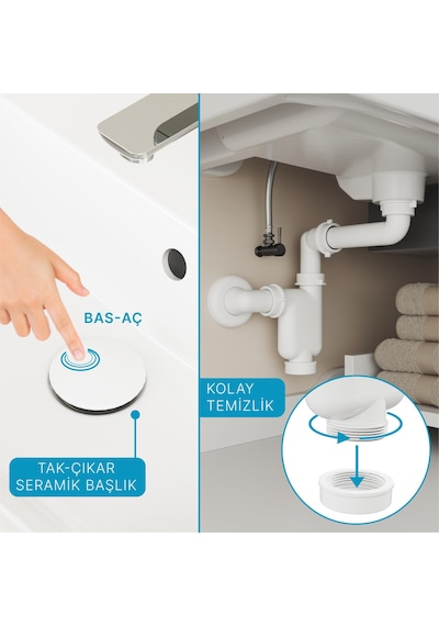 Aqua Bagno Comfort Yer Kazandıran Lavabo Sifonu + Pop-up Sifon, Beyaz Seramik Başlıklı ,taşma Delikli, 1 -1/4 Beyaz