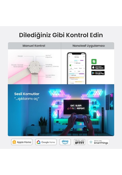 Nanoleaf Akıllı Rgbw Led Işık Şerit Genişletme Paketi App Kontrollü,3 Parça, Beyaz, Google Home, Ale RGB