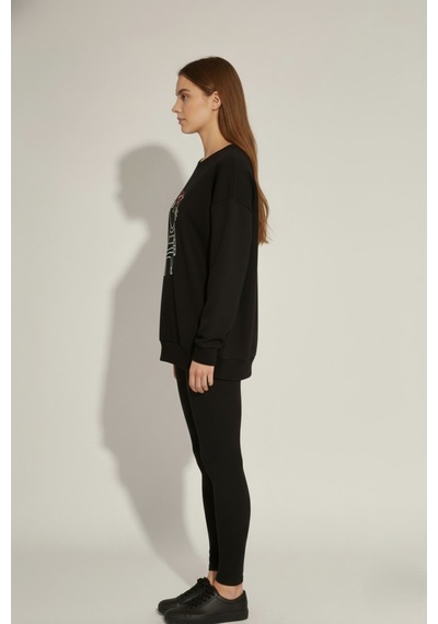 The Kadın Kedi Nakışlı Sweatshirt Rahat Kalıp 3 İplik Şardonsuz, Siyah & Gri Melanj Siyah