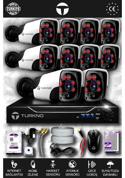 Turkno 10 Kameralı Pania 10 Dış Kamera Set 2 TB HDD Full HD Gece Görüşlü Güvenlik Kamerası Sistemi