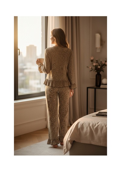 Moda Dua Kadın Uzun Kollu Leopar Desenli Fiyonklu Ev Giyim Pijama Takımı