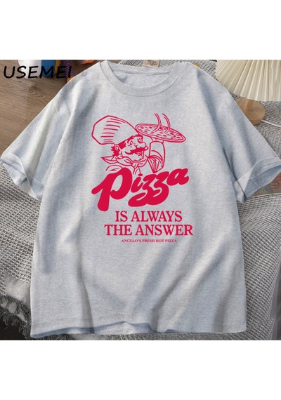 Flood Of Style Pizza Her Zaman Cevap Gıda Baskı T Shirt Kadın Erkek Komik Grafik T Shirt Pamuk Kısa Kollu Ya Gri