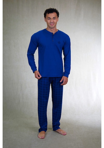 Estiva Erkek Kareli İndigo Patlı İnterlok Pijama Takımı Çok Renkli