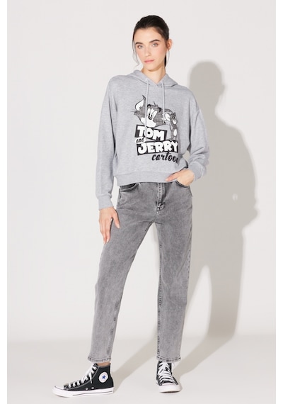 Regular Fit Normal Kesim Kapüşonlu Gri Melanj Tom Ve Jerry Baskılı Sweatshirt L231211035 Gri
