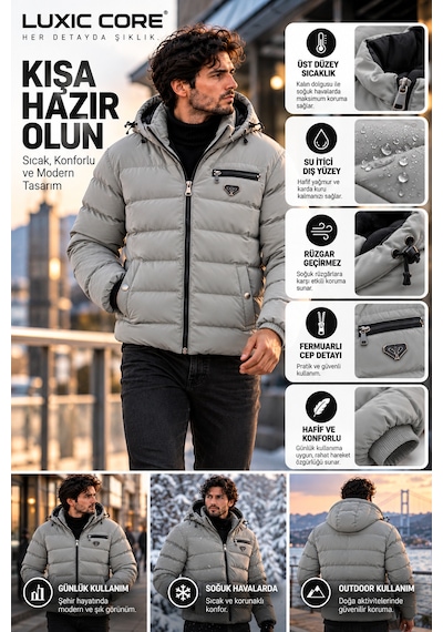 Luxic Core Luxıc Core Erkek Kapüşonlu Şişme Mont İçi Polarlı, Su İtici, Sıcak Tutan Günlük Kışlık Mont Gri