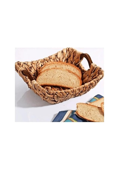 Kosova Wicker Serisi Bezli Kare Ahşap Kulplu Hasır Ekmek Sepeti Açık Gri