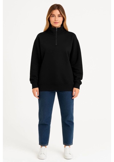 Mbb E-ticaret Kadın 3 İplik Pamuklu Dık Yaka Yarım Fermuarlı Sweatshirt - Siyah