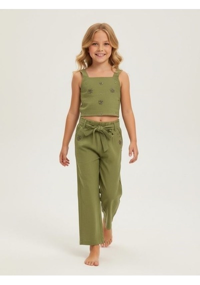 Zekids Kız Çocuk Taş Detaylı Crop-17156 Yeşil