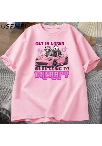 Flood Of Style Kaybeden Olsun Biz Gidiyor Terapi Rakun Komik T Shirt Trendy Y2k Zihinsel Sağlık T Shirt Erke Pembe