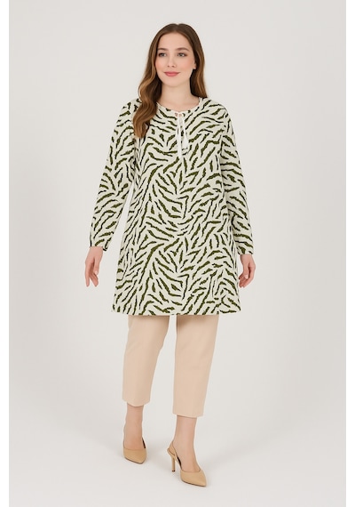 Kadın Yeşil Büyük Beden Zebra Desenli Dokuma Tunik