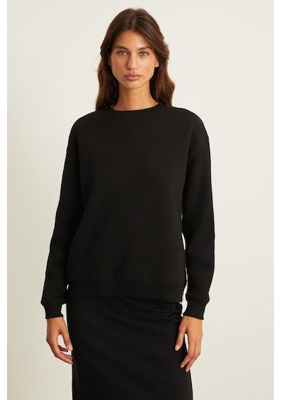 Grimelange VİLİ Kadın İçi Polarlı Oversize Fit Basic Bisiklet Yaka Uzun Kollu Siyah Sweatshirt