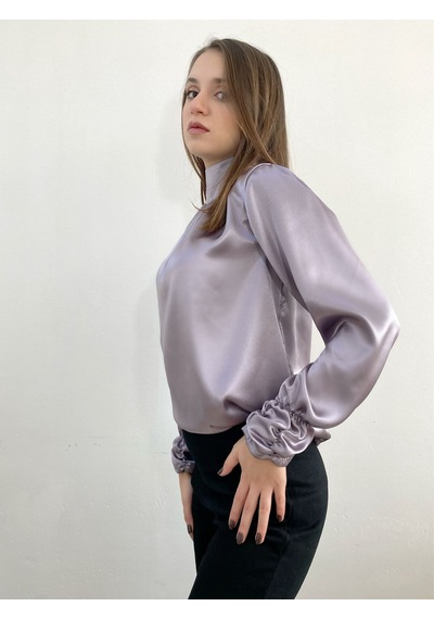 Mois Atelier Gül Kurusu - Gri Saten Bluz, Tasarım, Hediye, Büyük Beden, Tesettür Gri
