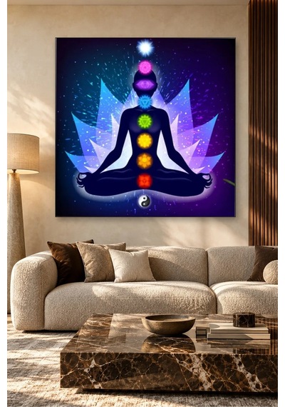 Fida Mavi Işıklı Lotus Ve Yin Yang Çakra Canvas Tablo