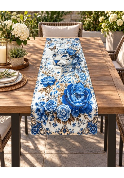 Mavi Leopar Desenli 45x140cm Masa Runnerı Çok Renkli