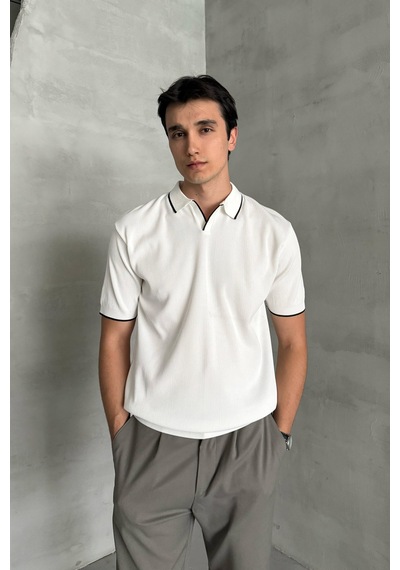 Erkek Oversize Selanik Polo Yaka Triko T-shirt Beyaz