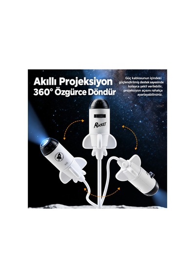 Roket Tasarımlı Yıldız Galaksi Projektörü 12 Diskli Tavan Duvar Yansıtmalı Uzay Gökyüzü Gece Lambası