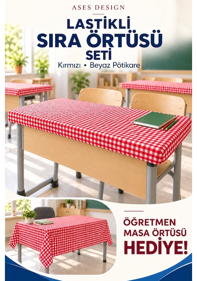 Kırmızı Beyaz 15'li Lastikli Sıra Örtüsü, 100x140 Cm Öğretmen Masa Örtüsü Hediye