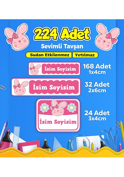Tavşan Temalı Okul Kreş Kişiye Özel İsim Etiket Seti - Model 118 Çok Renkli