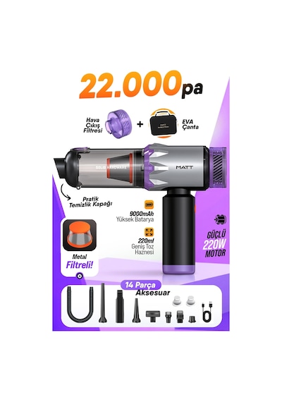 Matt Mcv22 Şarjlı Araç Süpürgesi Mor 22.000pa Güçlü Vakumlu Mini El Süpürgesi Type-c Şarjlı 220ml