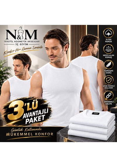 Erdem Erkek Beyaz Ribana Kolsuz Kapalı Yaka Atlet-3'lü Paket- 1195w