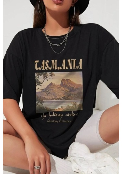 Unisex Tasmania Baskılı Tasarım Tshirt SIYAH