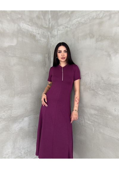 Kadın Fermuar Detaylı Maxi Uzun Modal Elbise Bordo