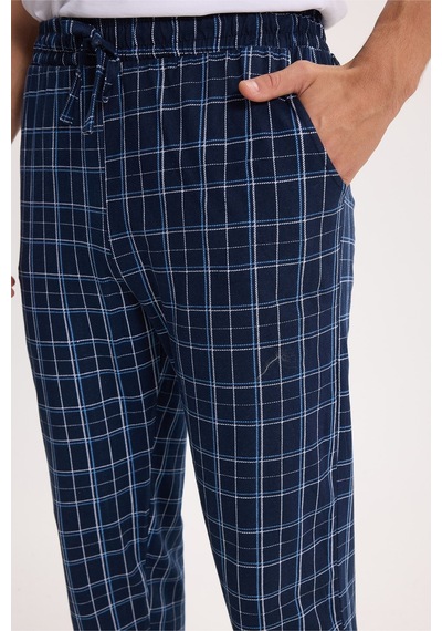 Tudors Erkek Standart Fit Normal Kesim Pamuklu Kareli Beli Bağcıklı Cepli Lacivert Pijama Altı-51262