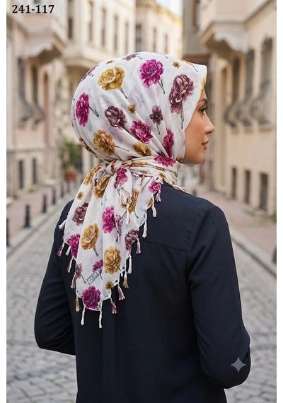 Dolce Cotton Desenli Sökme Boncuklu Eşarp 241-117 Çok Renkli