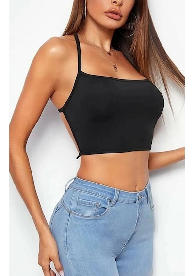 Liona Kadın Düz Yaka Sırt Açık Siyah Super Crop Top Bluz 001