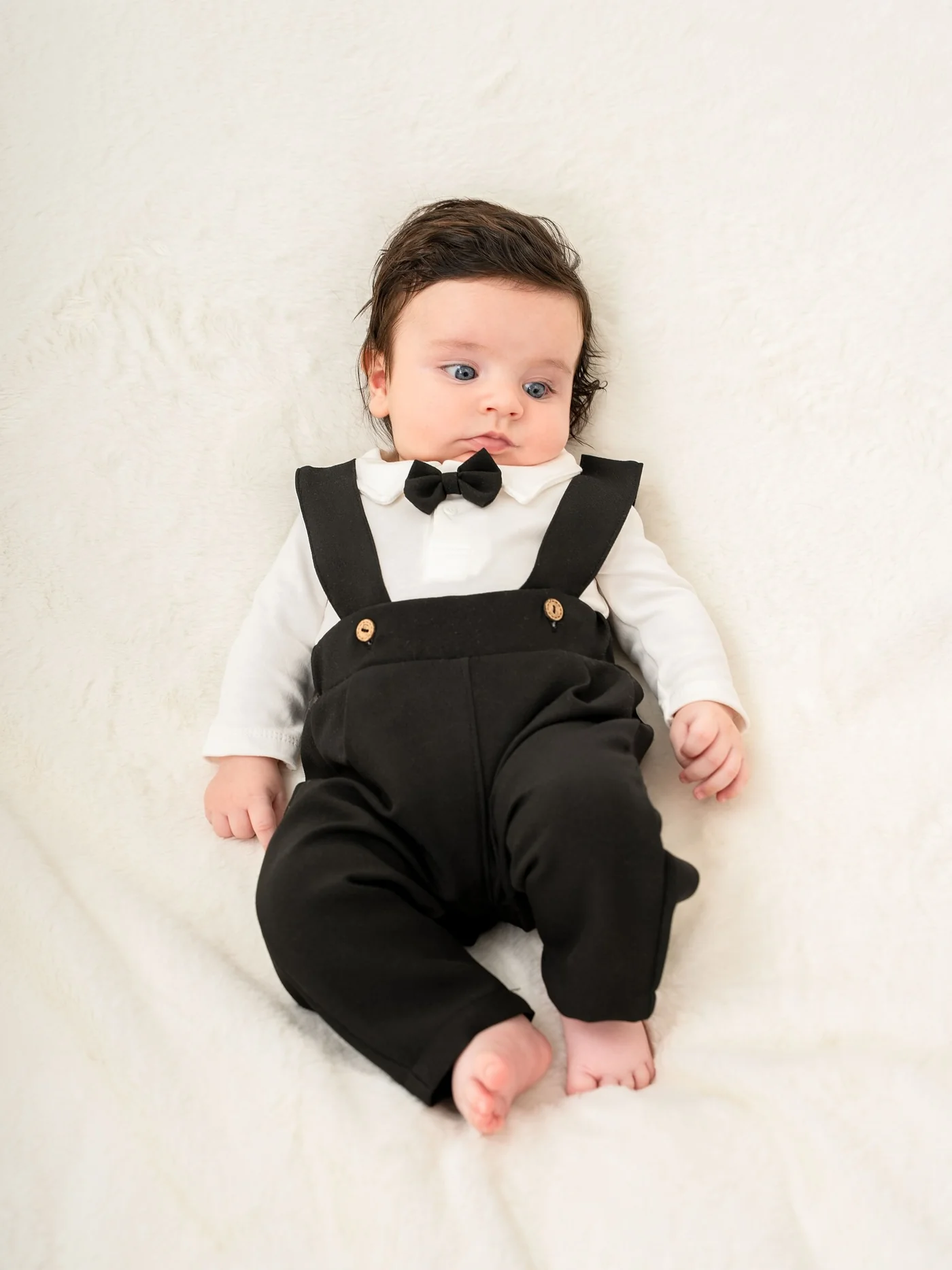 Momercy Chic Kürklü Papyonlu Erkek Bebek 3'lü Tulum Salopet Takım Siyah