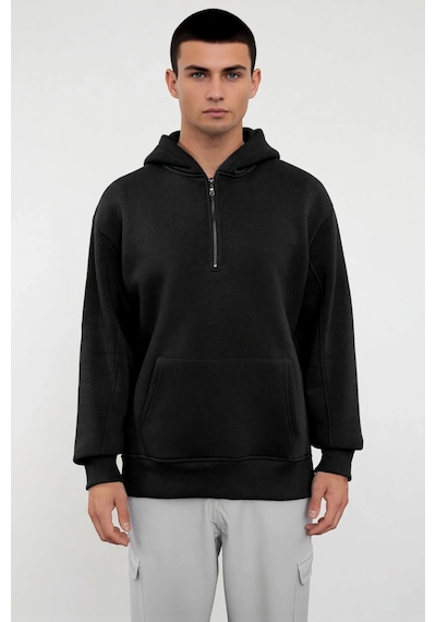 Benerly Erkek Kapüşonlu Fermuarlı Düşük Kol Uzun Kollu Kalıp Sweatshirt F siyah