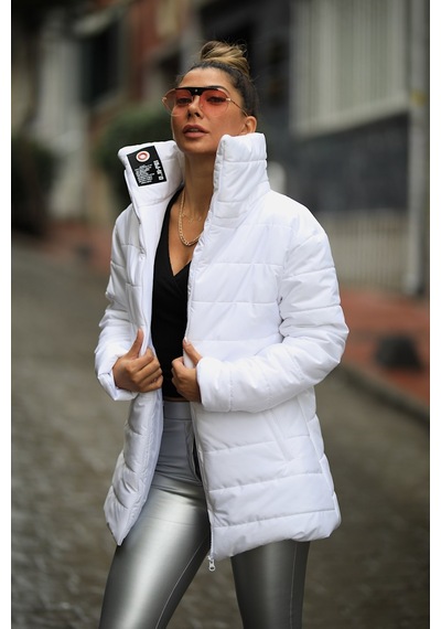 Keyifli Moda Kadın Beyaz Dik Yaka Uzun Şişme Mont