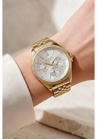 Lee Cooper Altın Sarısı Çelik Bilezik 34 Mm Yuvarlak Kadın Kol Saati, Taşlı Bileklik Hediyeli Gold