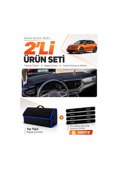 Volkswagen Polo 2022-2025 Uyumlu Torpido Örtüsü + Tay Tüyü Bagaj Çantası + Sticker - Siyah Mavi