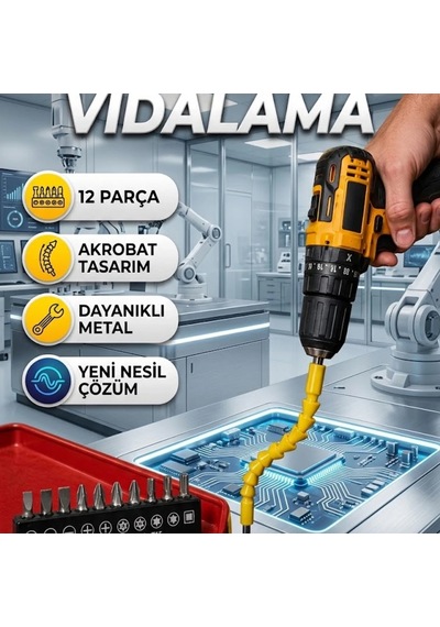 Akrobat 12 Parça Esnek Vidalama Uç Seti Dayanıklı Çelik 1/4" Bağlantılı