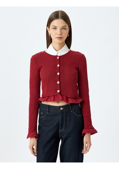 Koton Crop Hırka Düğmeli Fırfır Detaylı Bisiklet Yaka Slim Fit Bordo 5wal90024ık Bordo