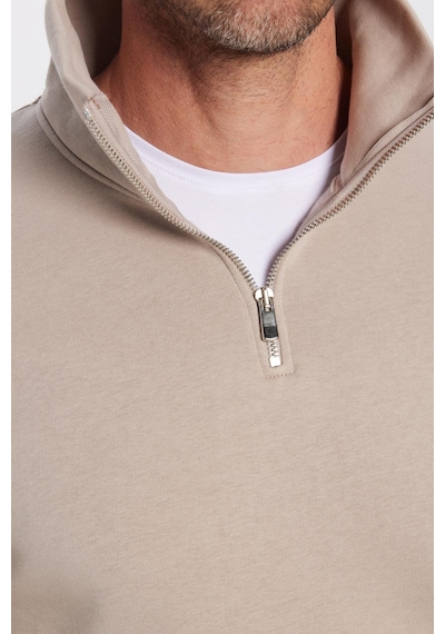 Tudors Unisex Relax Fit Rahat Kesim Pamuklu İçi Polarlı Yarım Fermuarlı Taş Renk Dik Yaka Sweatshirt-31444 Taş