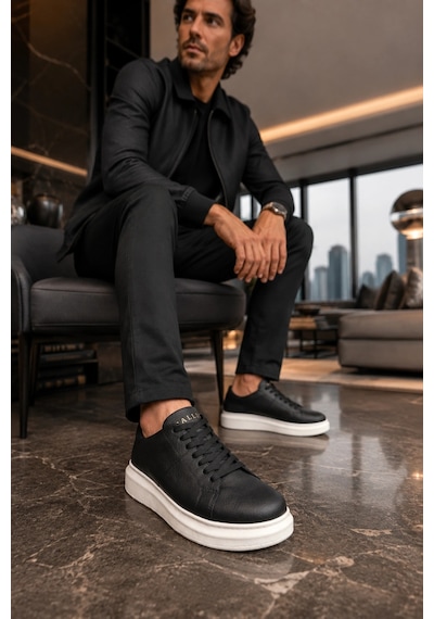 Mevese Tsoob Bağcıklı Cilt Erkek Günlük Rahat Taban Sneaker Ayakkabı - Siyah Beyaz