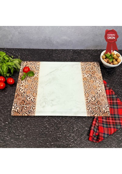 Kanallı Cam Kesme Tahtası - Arabesk Desen - 25x35cm